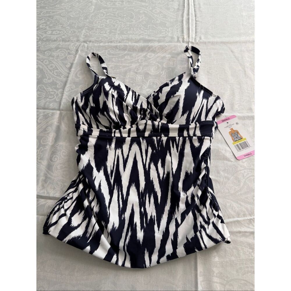 NWT Anne Cole Navy Blue White UPF 50 Tankini Top Size Small New